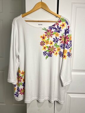 Blair - Woman's Top -Colorful Floral-3/4th Sleeves- Spring Summer Casual Sz 2XL
